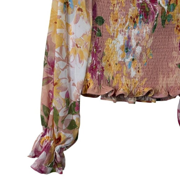 Flying Tomato Floral Smocked Romantic Puffed Dramatic Sleeve Blouse Size L - Picture 13 of 13